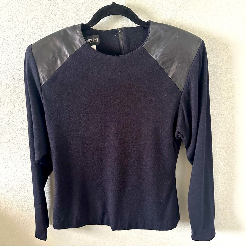 VTG 80s Moonglow Leather Shoulder Patch Knit Top Black Sz L USA Made